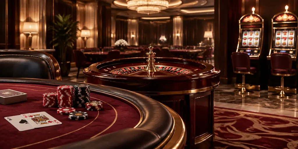 Meja kartu, roda roulette, dan mesin slot dalam ruang kasino