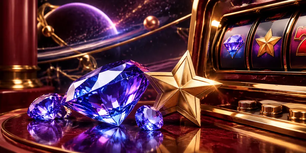Permata warna-warni dan bintang emas di dekat mesin slot