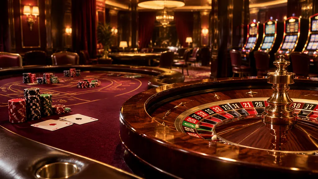 Ruang kasino dengan roda roulette dan meja kartu