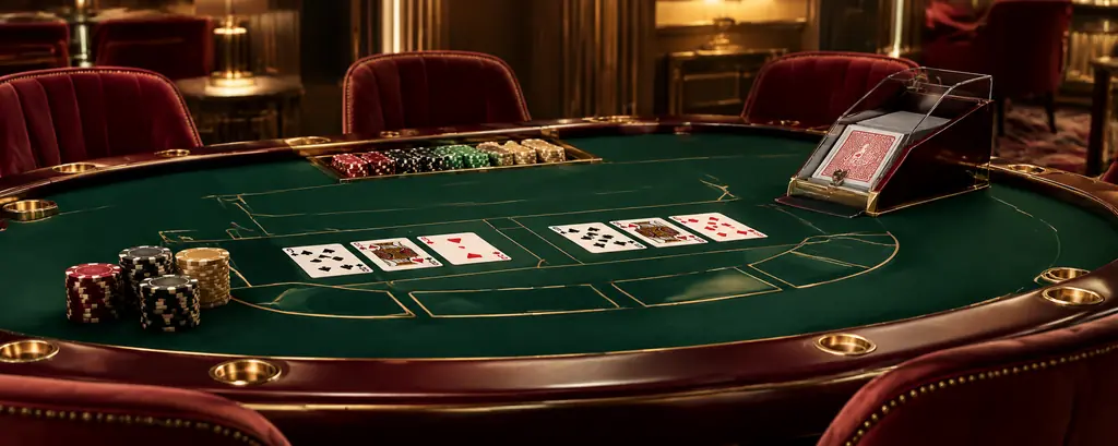 Meja baccarat dengan shoe kartu dan keping kasino