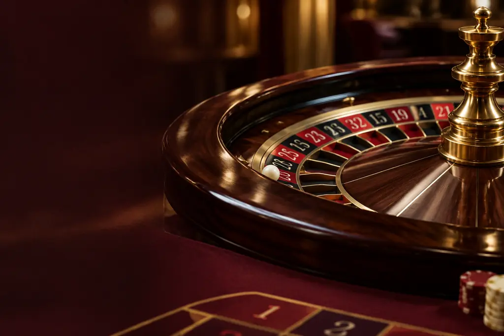Roda roulette kayu dan bola putih di tepi meja