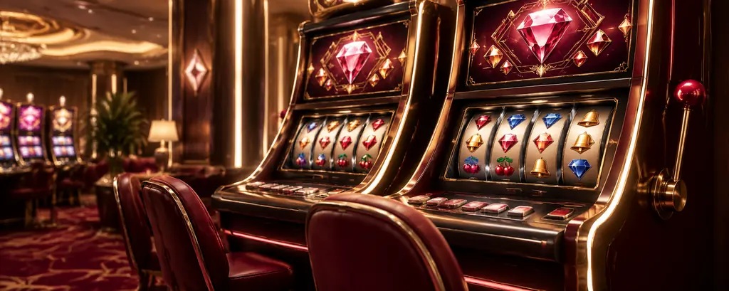 Dua mesin slot dengan cahaya permata di ruang kasino